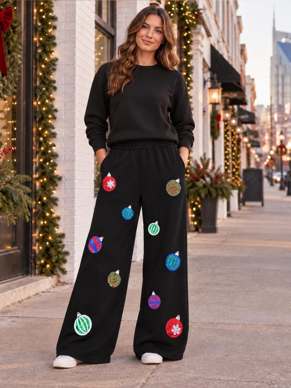 New Umgee Black Red Green Sequin Christmas Tree Ornament Wide Leg Pull-On Pants